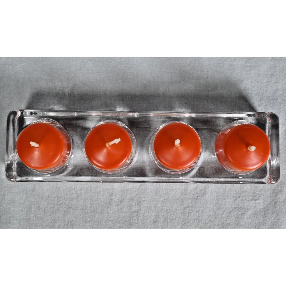 Heavy Glass Rectangle Votive Candle Holder w/ 4 Candles Centerpiece